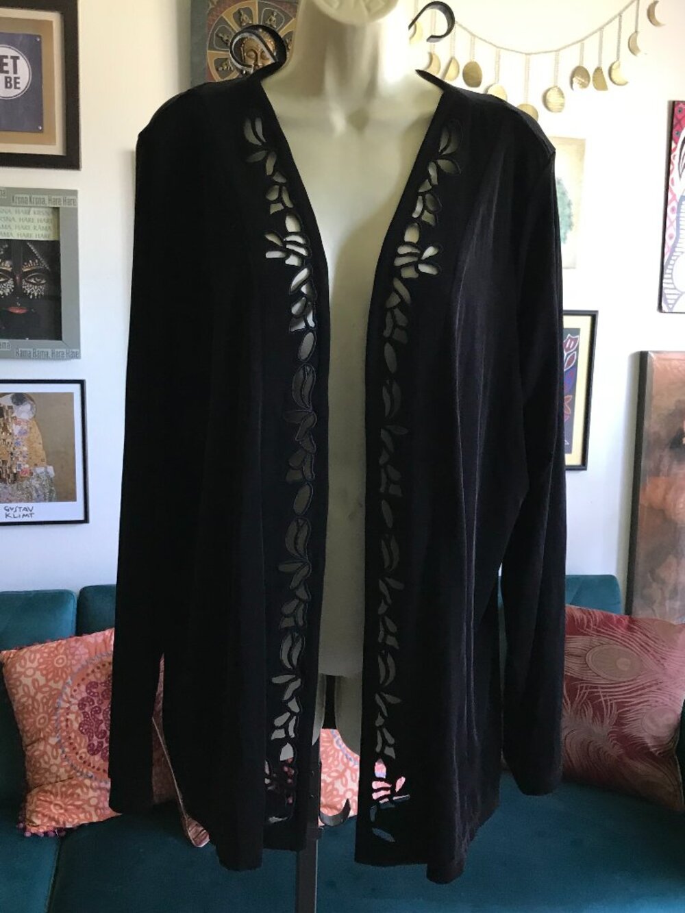 CITIKNITS size XL Black Stretch Slinky Travel Knit Cutout Detail Open Jacket